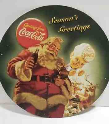 Vtg Coke Coca Cola Santa Seasons Greetings Advertising Litho Embossed Sign GUC