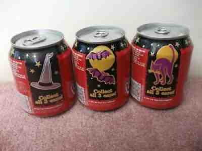 Lot of 3 Coca Cola 1999 Cans - Halloween Party Pack! Hat, Bat & Cat Complete Set