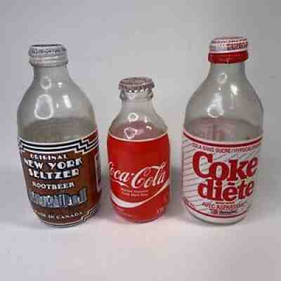 3x Vintage 1986 Diet Coke Root Beer Coca-Cola Glass Bottles Styrofoam Style RARE