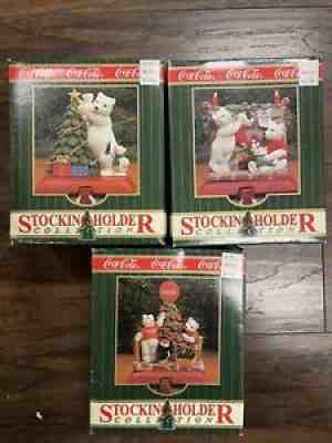 Coca Cola Collection Stocking Holders 1997 Cast Iron Base Polar Bear Lot Of 3