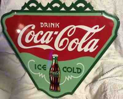 1935 Triangle Drink Coca Cola Ice Cold Porcelain Two-Sided Sign