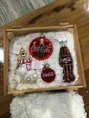 Polonaise Coca-Cola Christmas Ornaments Blown Glass 4 Pcs Wood Crate Kurt Adler