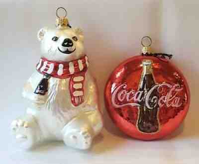 Vtg Kurt Adler Coca-Cola Polonaise Polar Bear And Coca-Cola Round Xmas Ornaments
