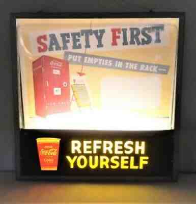Coca Cola Lighted Refresh Yourself Safety First Theater Style Sign - VERY NICE!