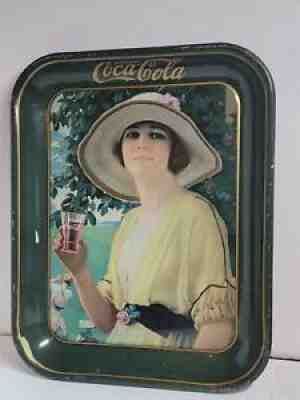 ANTQ COCA COLA TRAY 1920 AUTHENTIC ORIG LITHOGRAPH WOMAN YELLOW DRESS-13IN-(8)