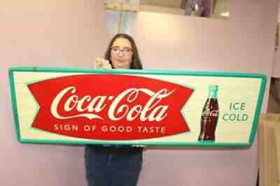 Large Vintage 1959 Coca Cola Fishtail Soda Pop 54" Metal Sign