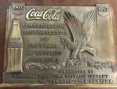 Vintage 1957 Coca Cola Bottling Company 50th Year Brass Plaque Cornelia, Georgia