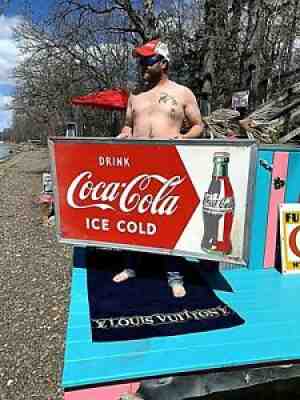 Vintage LG 56x32 Metal Coca Cola Soda Pop Bottle Graphic Sign Coke