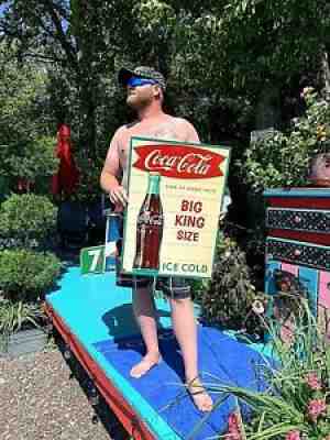 Vintage Rare Metal Coca Cola Fishtail King Size Soda Pop W/ Bottle Graphic Sign