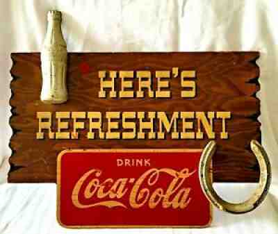 Original Coca Cola Kay Displays Here's Refreshment wood Soda Pop sign