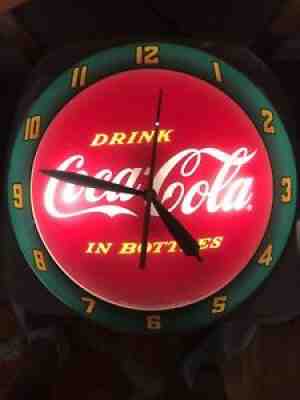 Coca Cola 2004 Light Up Clock Coke "Drink Coke in Bottles" Green Round Works