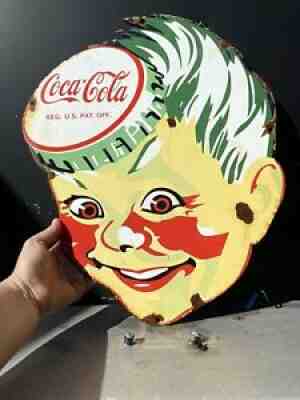 Vintage Coca Cola Porcelain Sign 19" Coke Cap Boy Head SODA Pop Gas Oil Store