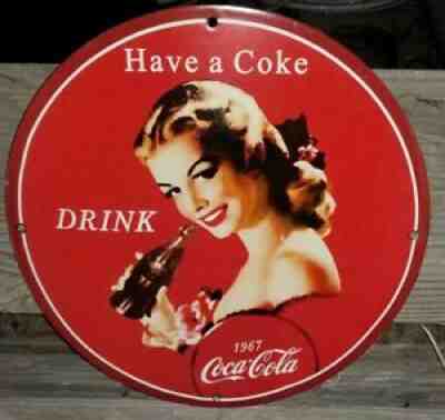 1967 COCA COLA COKE PORCELAIN SIGN SODA POP BOTTLE ICE PEPSI MAN CAVE GARAGE UP