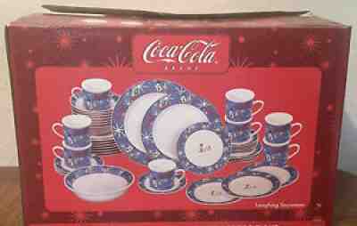 New In Opened Box Coca-Cola Laughing Snowman Stoneware Dishes 42 Piece Set