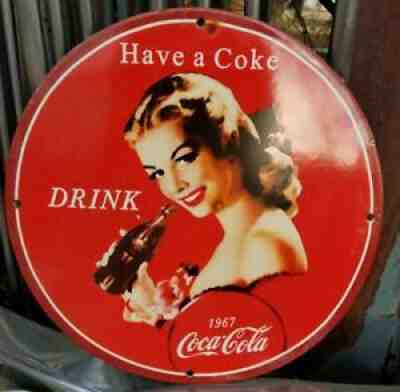 1967 COCA COLA COKE PORCELAIN SIGN BRADSHAW CRANDELL ART HARPER'S BAZAAR VOGUE