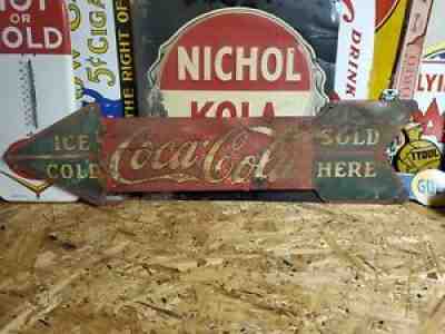 Old Vintage 1928 Coca-Cola Red Line Arrow Sign Metal Double Sided Gas Oil Cigar