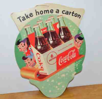 Vintage COCA COLA FAN PULL HANGING SIGN Christmas Elves 1956 Die Cut Advertising
