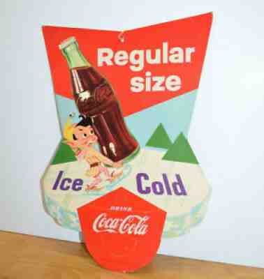 Vintage COCA COLA FAN PULL HANGING SIGN Christmas Elf 1956 Die Cut Advertising