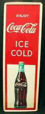 Enjoy Coca Cola Ice Cold Vertical 1960's Soda Sign with Beautiful Vibrant Colors