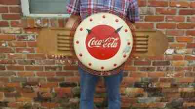 Original Vintage 1940's Art Deco Coca-Cola Promo Clock Sign Tin Button Masonite