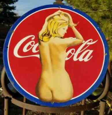 VINTAGE COCA COLA COKE SIGN SODA POP MAN CAVE PIN 7 UP BUTT PEPSI NUDE NAKED NR