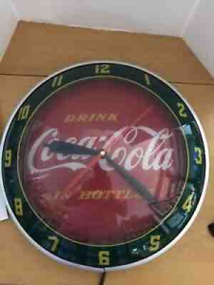 Coca Cola 2004 Light Up Clock Coke "Drink Coke in Bottles" Green Round Works