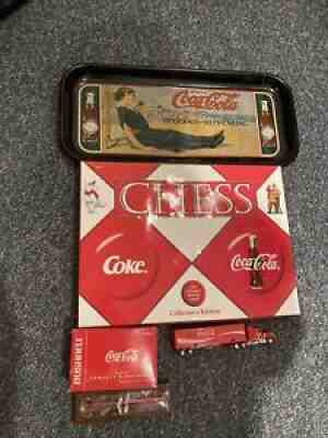 Lot of Coca Cola Collectibles: Platter, Truck, Chess, Binoculars, Pen