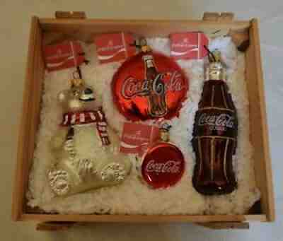 1996 Coca-Cola 4 Pc. Kurt Adler Polonaise Glass Christmas Ornament Set -NRFB