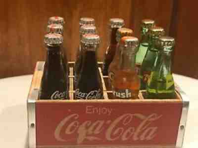 12 Miniture Glass Coca Cola 7up Orange crush Bottles 3" & Wood Box 4 1/4"x3 1/4"