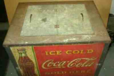 EARLY VINTAGE COCA COLA COOLER ON LEGS W/ LITHOGRAPHIC TIN PANELS & ORIGINAL