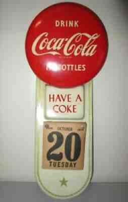 Vintage Metal Tin 1950's Coca-Cola Wall Calendar Holder Button +1959 Pages RARE