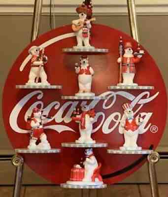 1997 COCA COLA 8 Polar Bear Figurines & COCA COLA Display Wall Shelf Button Caps