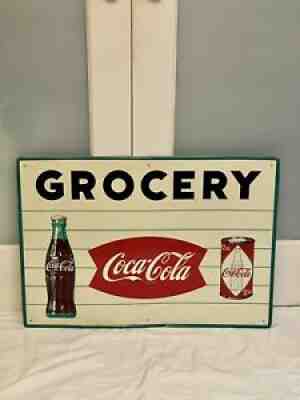 Rare NOS?1960â??s Coca Cola Grocery Bottle Can Fishtail Metal Sign SodaPop 28"x20"