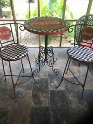 AUTHENTIC VINTAGE COCA-COLA WROUGHT IRON TYPE BAR OR PATIO TABLE & STOOLS