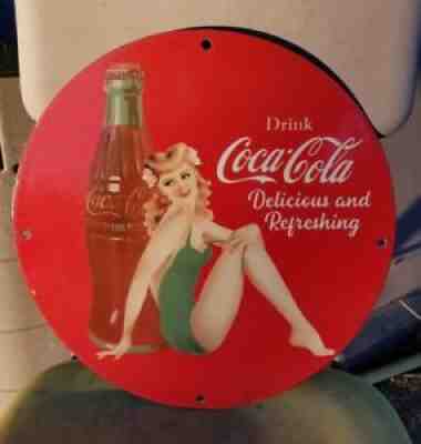 OLD COCA COLA COKE PORCELAIN SIGN SODA POP BOTTLE PIN UP SWIMSUIT DELICIOUS