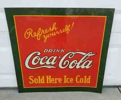Rare Vintage 1927 Coca Cola Soda Pop Metal Tin Sign Refresh Yourself Gas Oil Can