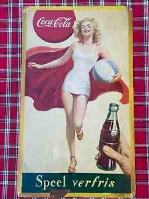 VINTAGE COCA COLA SOUTH AFRICAN PLAY REFRESHED CARDBOARD SIGN 1948