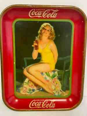 Authentic Vintage 1932 Coca Cola Coke Serving Tray VG Yellow Swimsuit 13x10.5