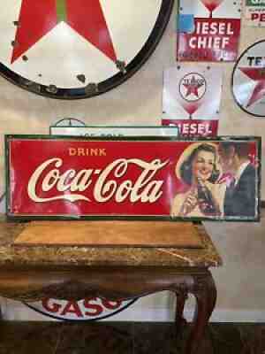 RARE ORIGINAL ''DRINK COCA - COLA'' PAINTED METAL SIGN 54X18 INCH