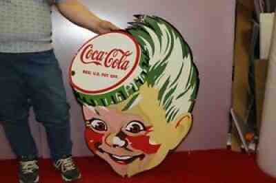 Large COCA COLA Sprite Boy Soda Pop Fountain 35" Porcelain Metal Gas Oil Sign