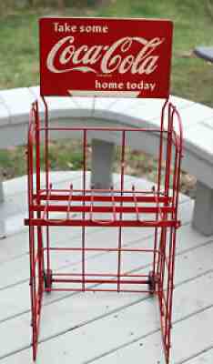 Old Vintage SMALL COCA COLA Bottle Rack Holder on Wheels MASTERACK Sign Carrier