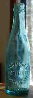 RARE ANTIQUE STRAIGHT SIDED AQUA BLUE COCA COLA BOTTLE "HARTFORD CONN" Chipless