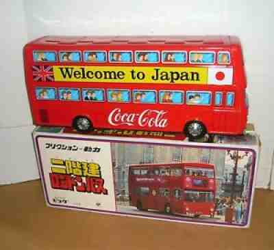 VINTAGE 1970'S JAPAN TIN FRICTION COCA-COLA DOUBLE DECKER BUS NMIB