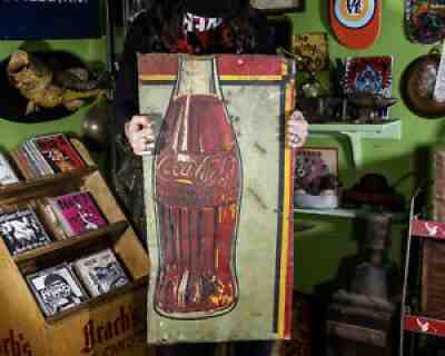 VTG Coca Cola Sign Painted Tin Tacker Bottle Metal Coke Advertising Wall Decor