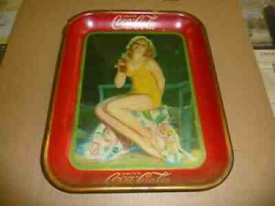COCA COLA 1932 VINTAGE SERVING RED TRAY LADY YELLOW SWIMSUIT 10 1/2 BY 14