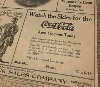 Coca-Cola 1919 Columbus Ohio Aero Coupon Plane Drop Ad Newspaper Page Rare!