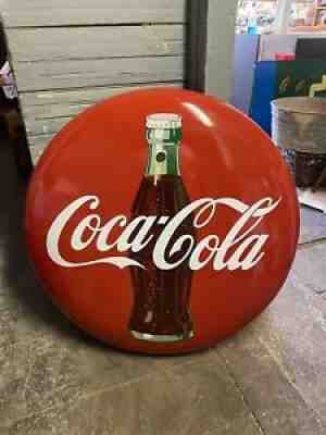 1950s Coca Cola 36" Button Sign Round Porcelain w Bracket from Friona Texas Coop