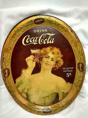 1907 Coca Cola 5 Cent Relieves Fatigue Tray Pretty Girl w/ Glass Chas. W. Shonk
