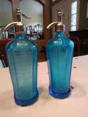 Two Blue Coca Cola Seltzer Bottles - Nice Condition