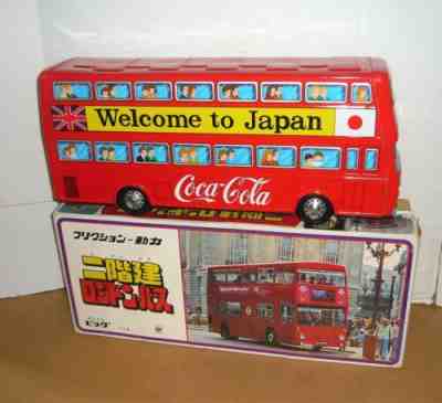 VINTAGE 1970'S JAPAN TIN FRICTION COCA-COLA DOUBLE DECKER BUS NMIB